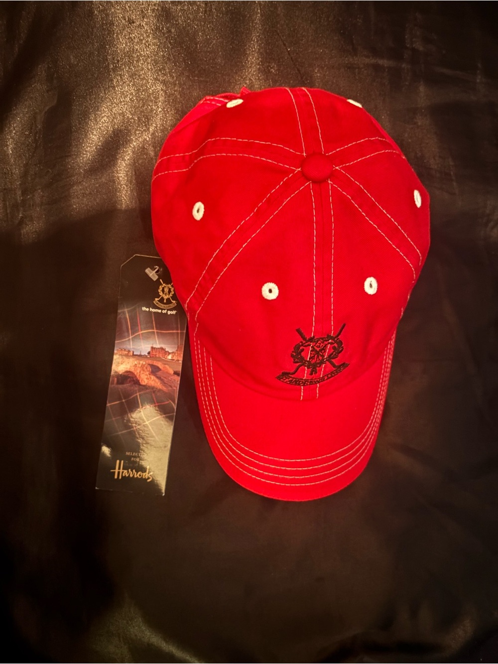 Harrods Red Golf Cap with Embroidered Crest and White Eyelets